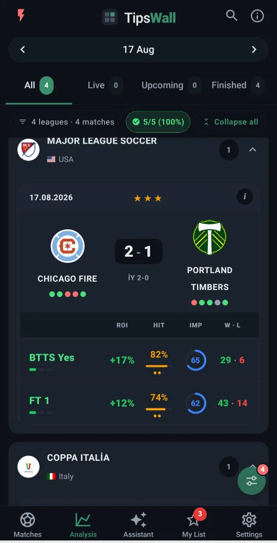 Analysis screen: a Major League Soccer fixture with two picks, each carrying ROI, hit rate, implied probability and a win-loss record.